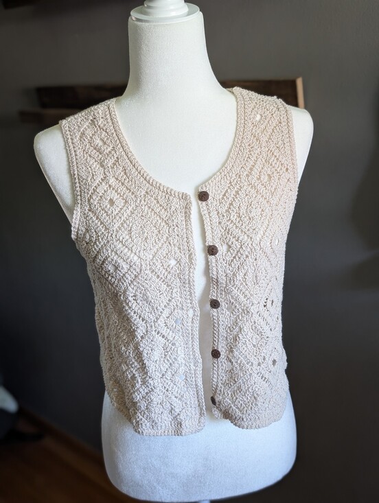 Coco And Shay Tops - Cottagecore Cream Crochet Knit Button Front Vest Boho Festival Cotton Size S